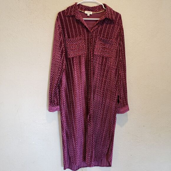 Umgee Texture Curved Hem Button Down Shirt Dress Size M Purple - Picture 2 of 7